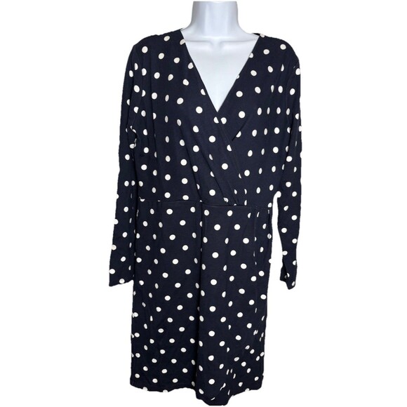 Loft Wrap Dress Women’s Size 14 Navy Blue White Polka Dots Stretch - Picture 1 of 6
